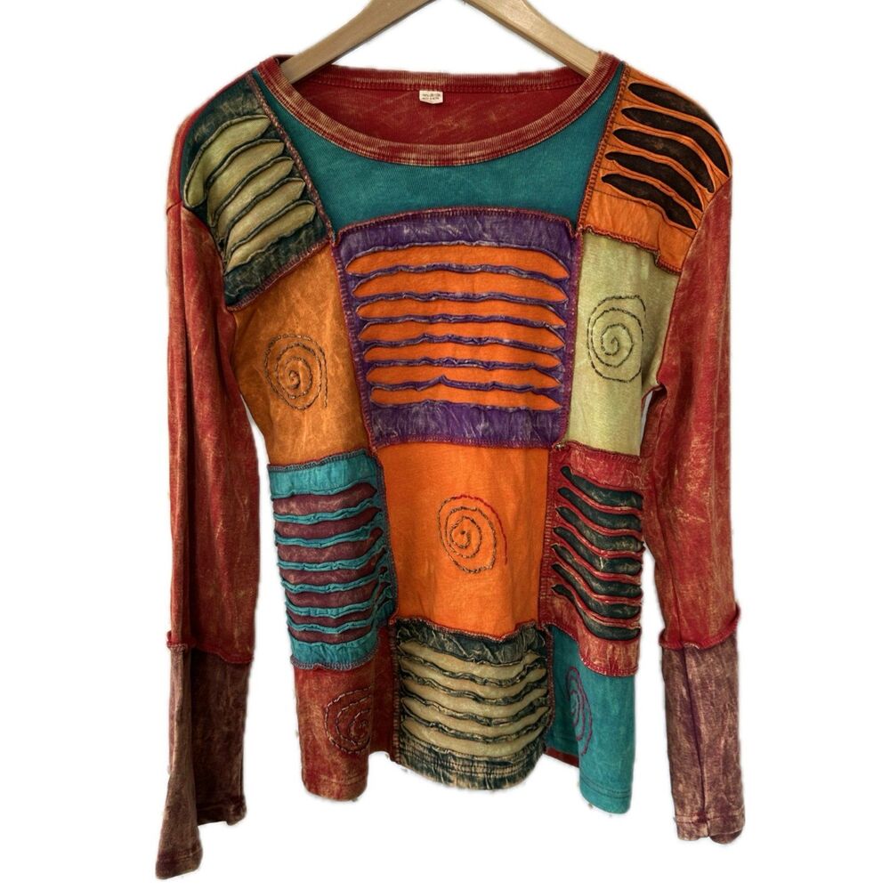 Unbranded 100% Cotton Mineral Wash Dye Geometric Patchwork Long Sleeve Shirt L